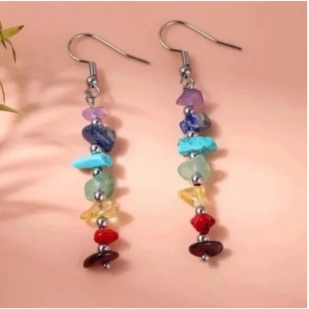 ❤️ FREE Rainbow Stone Tiered Drop Boho Peasant Geode Geo Beach Art Chic Earrings
